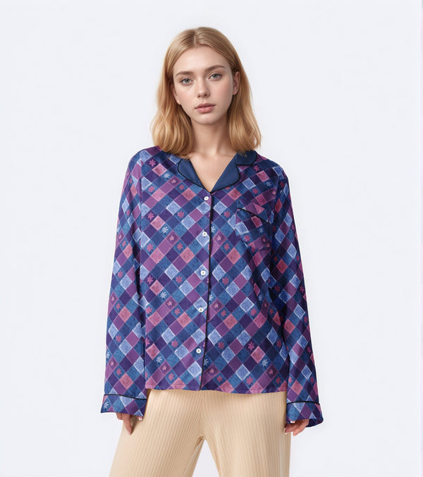 Indigo Garden Plaid Long-Sleeve Pajama Top